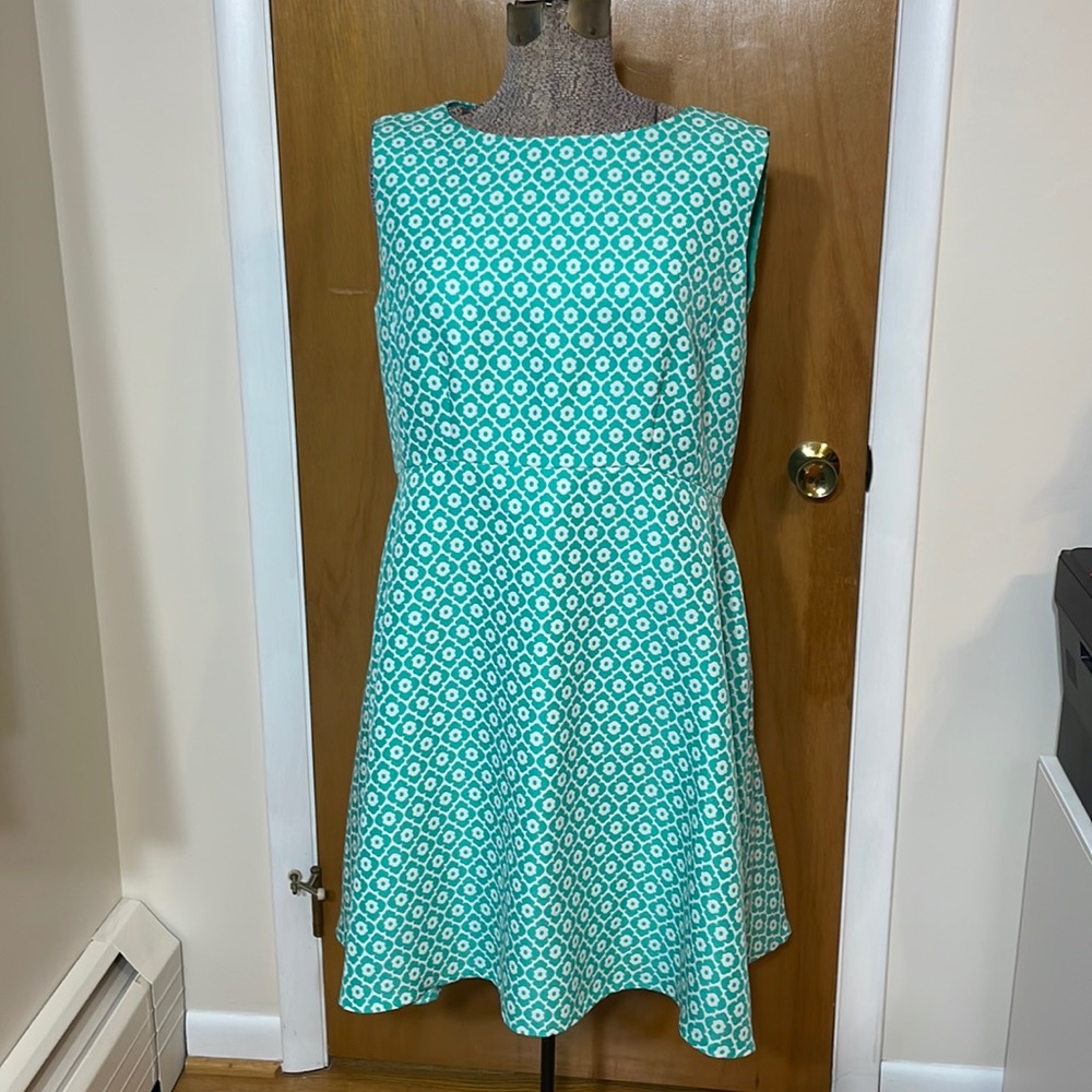 Tahari Arthur S. Levine Womens 14 Sleeveless Dress Teal Green and White